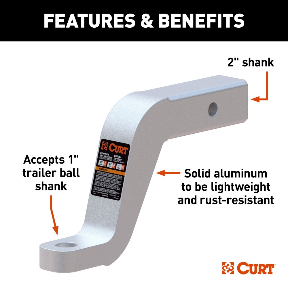 CURT aluminum trailer hitch ball mount with 2-inch shank, 8K capacity