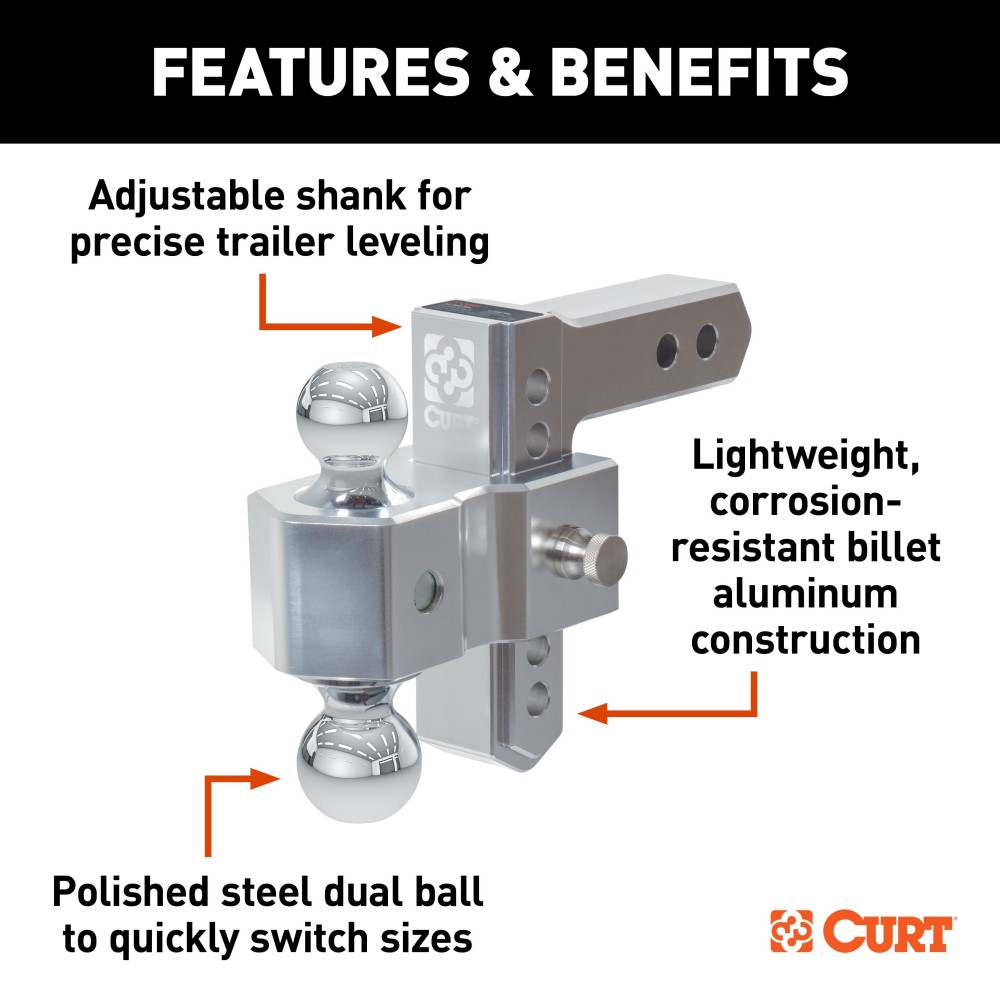 AlumaLite Aluminum Drop Hitch with Adjustable Dual Balls AlumaLite aluminum drop hitch featuring adjustable dual balls for safe trailer towing.