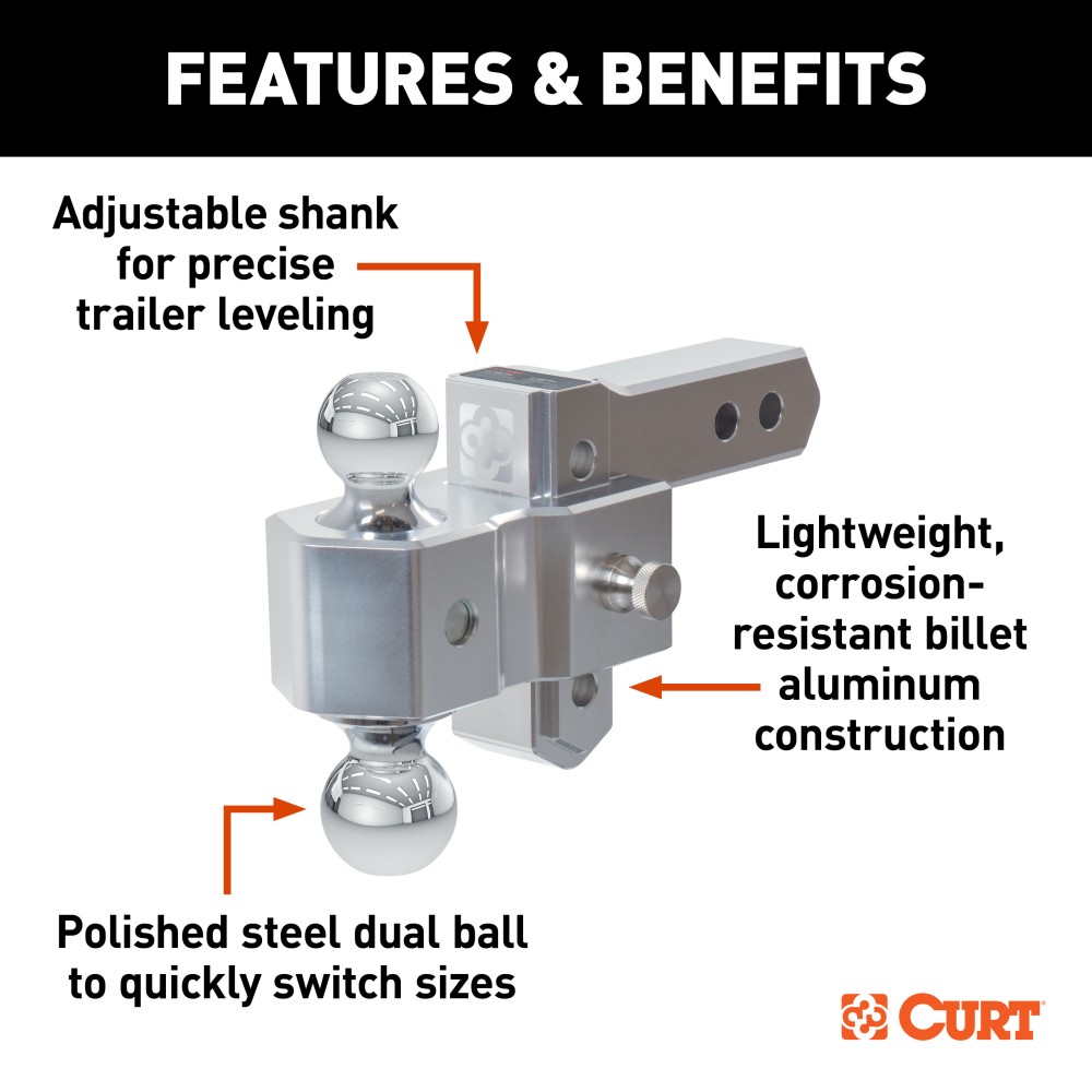 AlumaLite Aluminum Drop Hitch with Adjustable Dual Ball AlumaLite aluminum drop hitch with dual ball, lightweight billet aluminum, universal fit for 2" hitches.