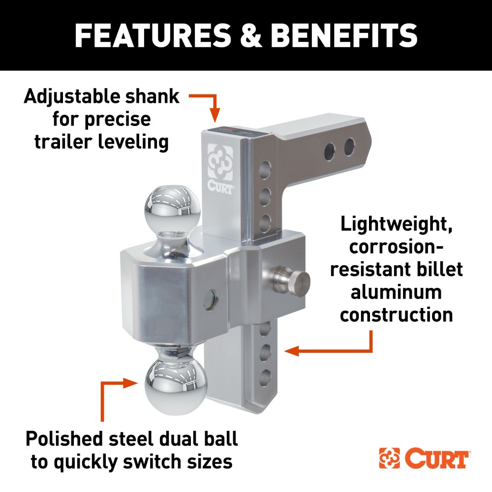 AlumaLite Aluminum Drop Hitch with Dual Ball - 7-1/2 Inch Drop Lightweight AlumaLite aluminum drop hitch, dual ball, fits 2-inch hitch receiver, polished finish