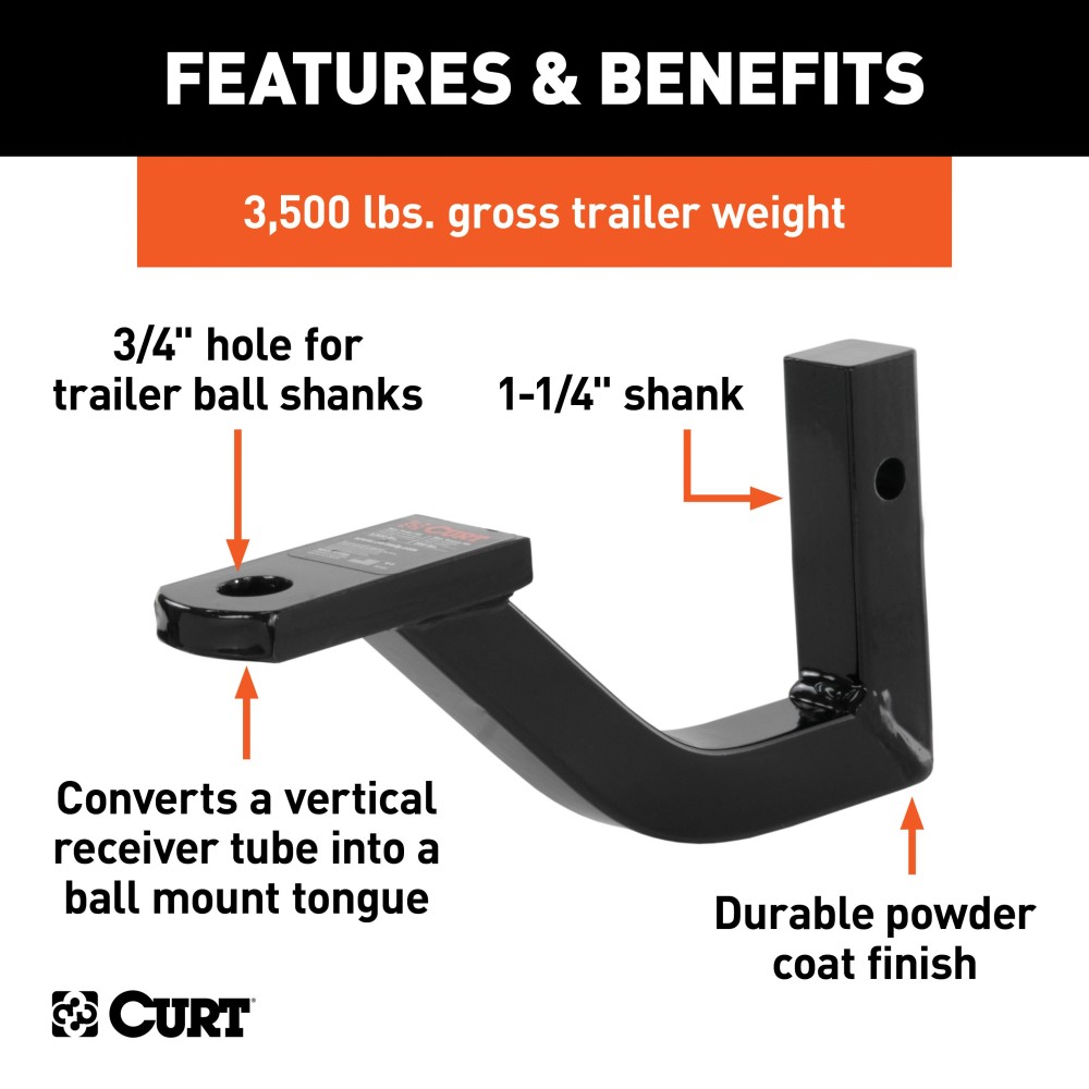 CURT Vertical Trailer Hitch Adapter for 1-1/4-Inch Receiver CURT vertical trailer hitch adapter with durable gloss black powder coat finish