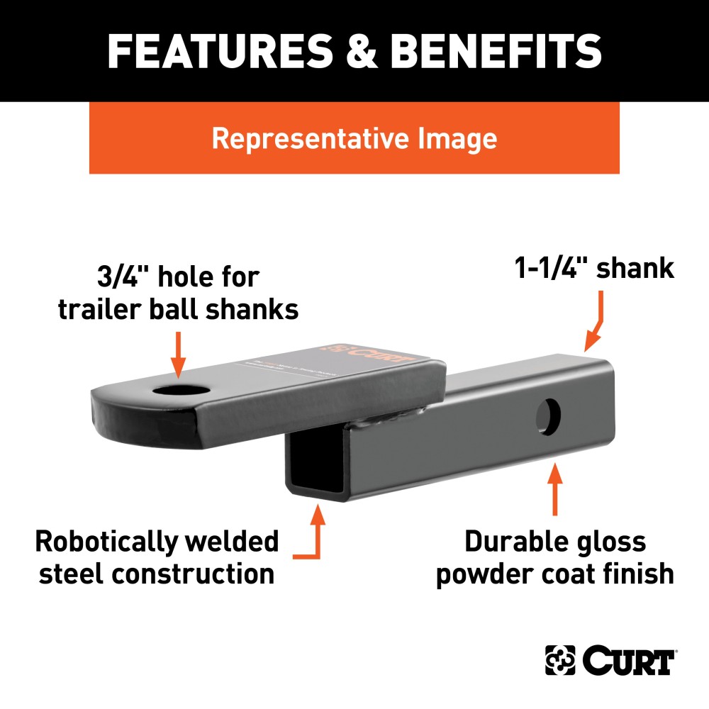 CURT Class 2 Ball Mount for Light and Standard-Duty Towing CURT class 2 ball mount with 1-1/4 inch x 1-1/4 inch shank, black powder coat
