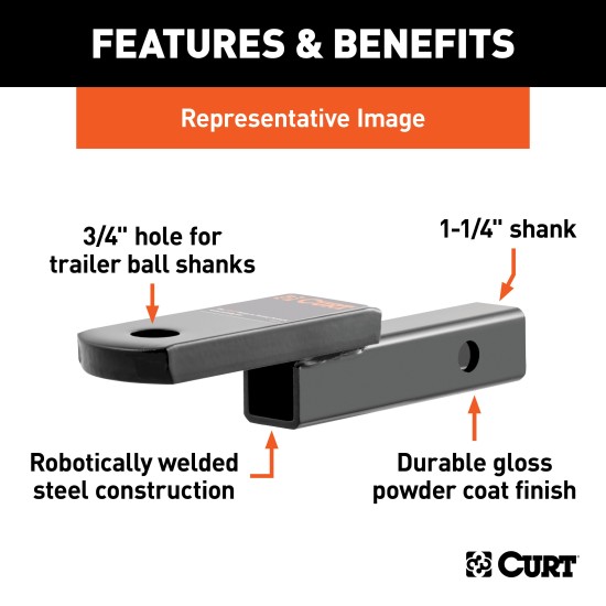CURT Class 2 Ball Mount for Light and Standard-Duty Towing CURT class 2 ball mount with 1-1/4 inch x 1-1/4 inch shank, black powder coat