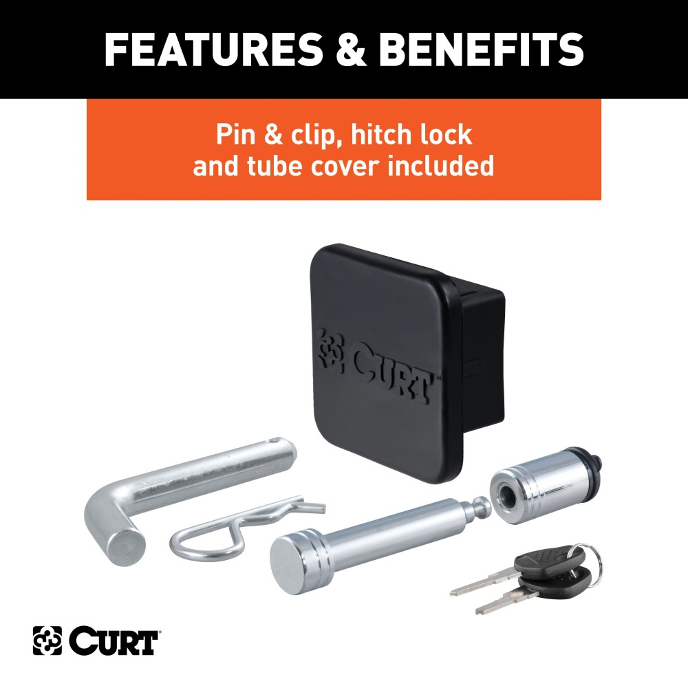 CURT Towing Starter Kit with Ball Mount and Hitch Lock CURT towing starter kit including ball mount, hitch lock, and receiver cover