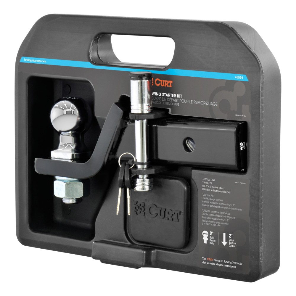 CURT Towing Starter Kit with Ball Mount and Hitch Lock CURT towing starter kit including ball mount, hitch lock, and receiver cover