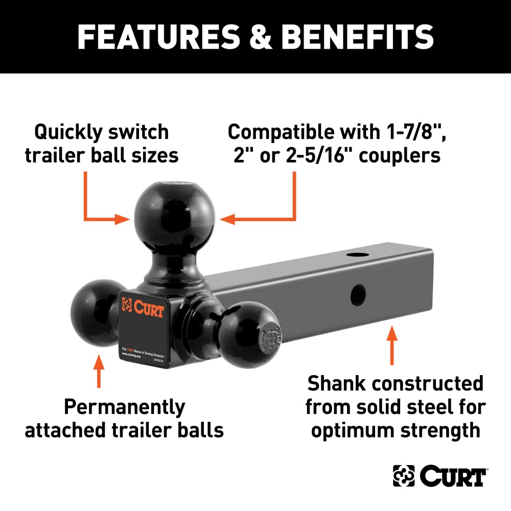 CURT multi-tow ball mount showcasing 3 welded trailer balls on a solid shank with black powder coat finish.