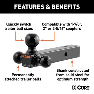 CURT Multi-Tow Ball Mount with 3 Welded Trailer Balls CURT multi-tow ball mount showcasing 3 welded trailer balls on a solid shank with black powder coat finish.
