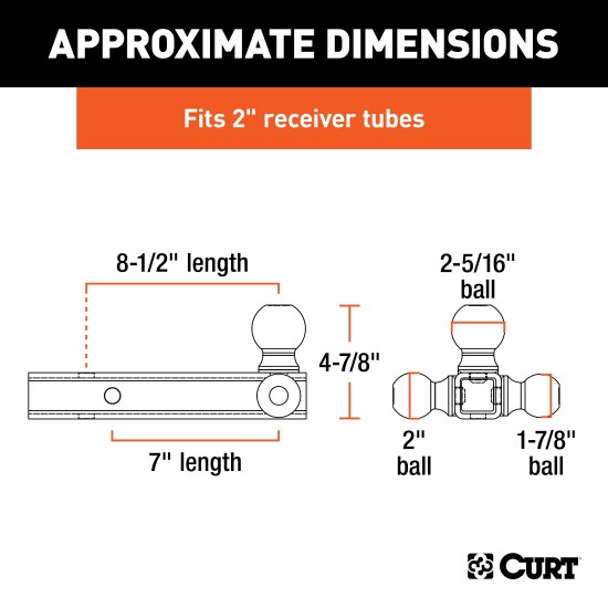 CURT Multi-Tow Ball Mount with Triple Welded Trailer Balls CURT multi-tow ball mount with three welded trailer balls for various coupler sizes and loads.