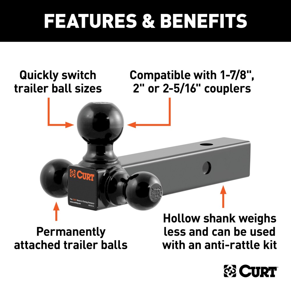 CURT Multi-Tow Ball Mount with Triple Welded Trailer Balls CURT multi-tow ball mount with three welded trailer balls for various coupler sizes and loads.