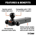 CURT Multi-Tow Ball Mount with Triple Welded Trailer Balls CURT multi-tow ball mount with three welded trailer balls for various coupler sizes and loads.