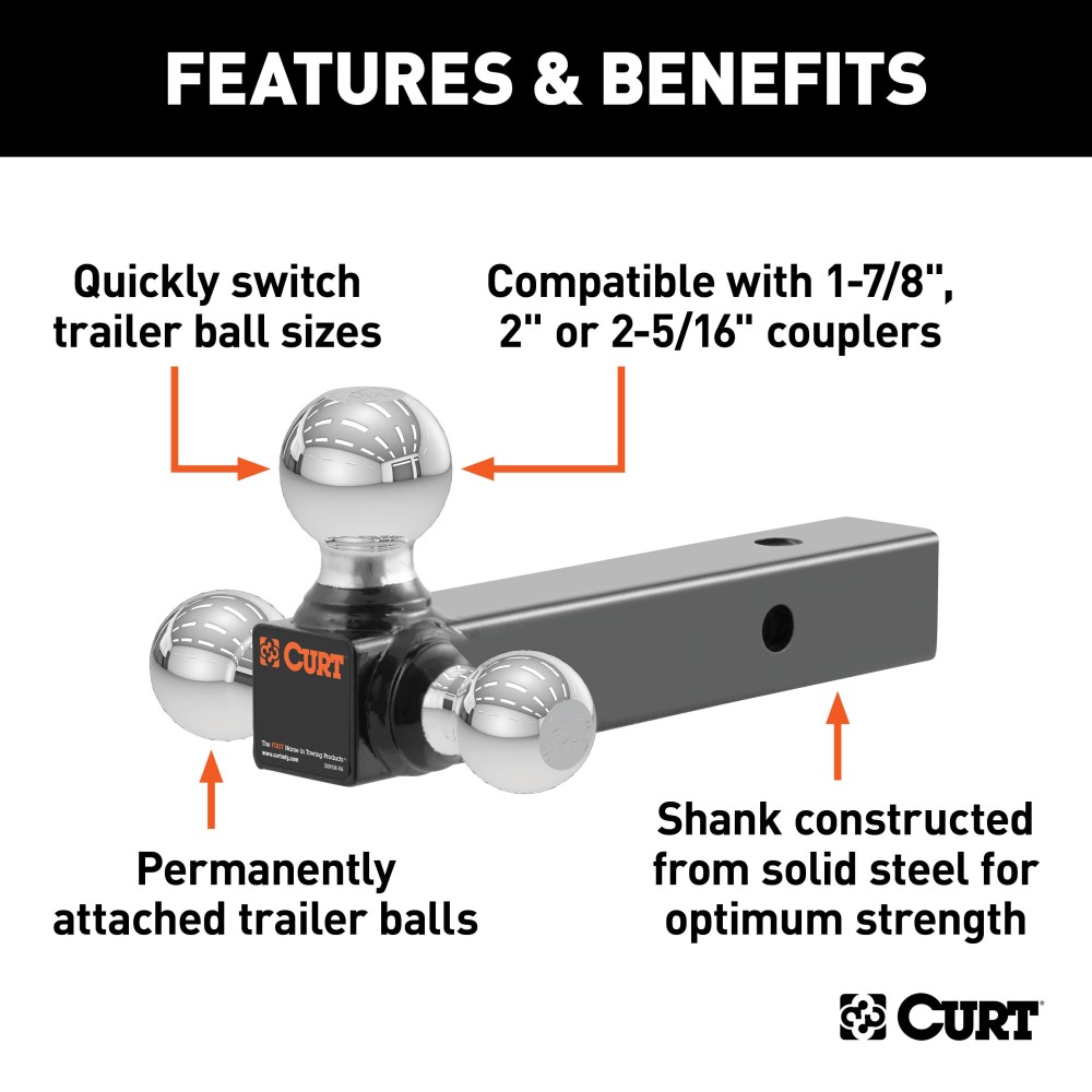 CURT Multi-Tow Ball Mount with Three Welded Trailer Balls CURT multi-tow ball mount with three welded balls for various coupler sizes, fits 2 inch receiver