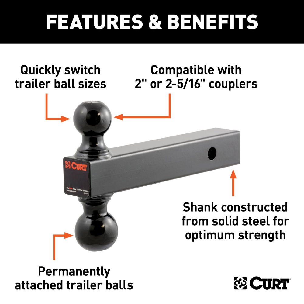 CURT Multi-Tow Dual Ball Mount with Solid Shank CURT multi-tow ball mount with two welded balls for trailer towing