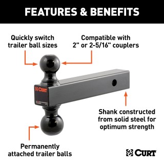 CURT Multi-Tow Dual Ball Mount with Solid Shank CURT multi-tow ball mount with two welded balls for trailer towing