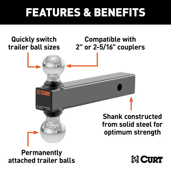 CURT Multi-Tow Ball Mount with Dual Trailer Balls CURT multi-tow ball mount with two different sized trailer balls for versatile towing and secure attachment