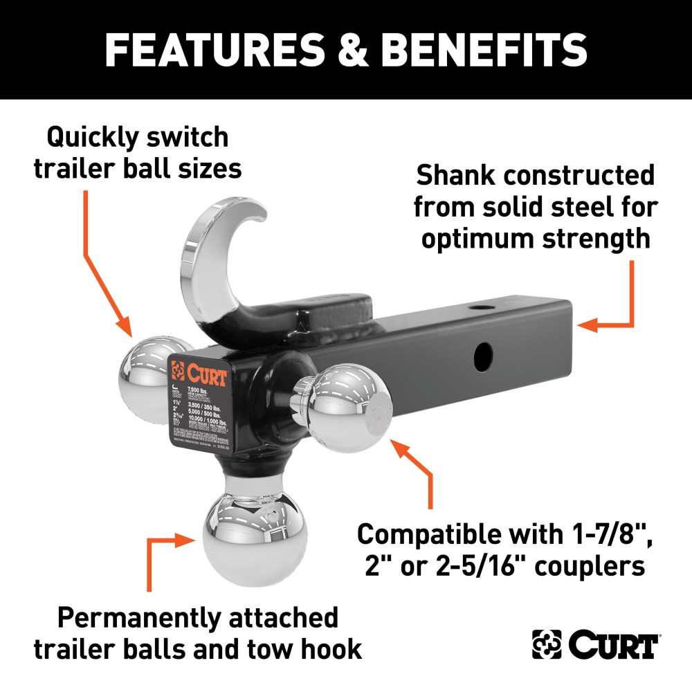 CURT Multi-Ball Mount with Tow Hook for Varied Trailer Sizes CURT multi-ball mount with three balls and tow hook for versatile towing