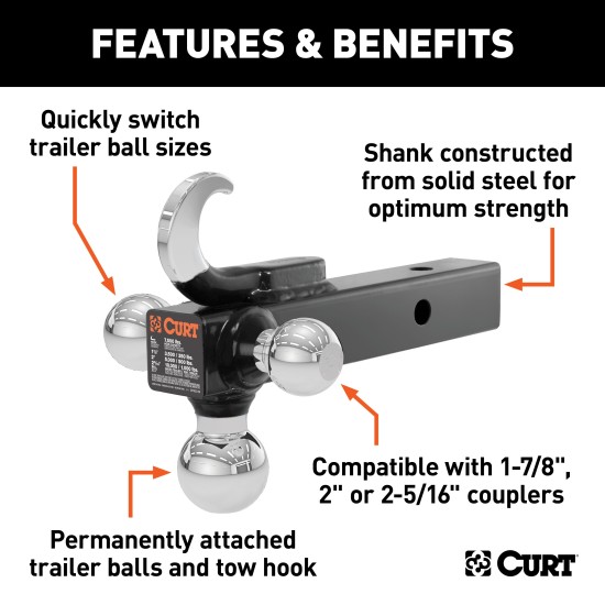 CURT Multi-Ball Mount with Tow Hook for Varied Trailer Sizes CURT multi-ball mount with three balls and tow hook for versatile towing