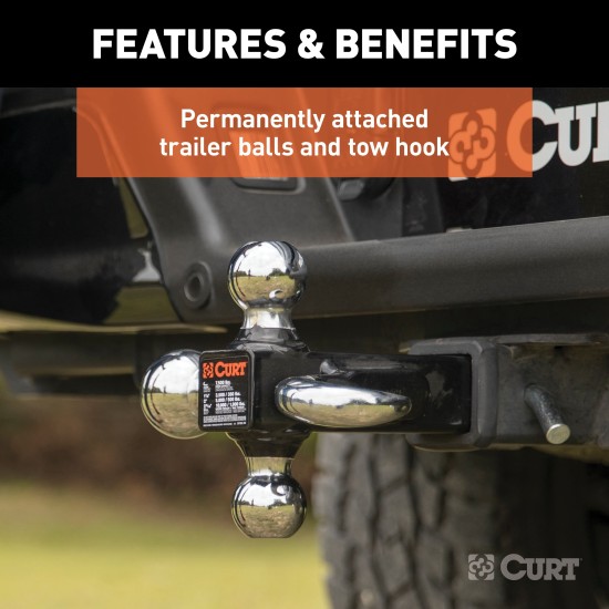 CURT Multi-Ball Mount with Tow Hook for Varied Trailer Sizes CURT multi-ball mount with three balls and tow hook for versatile towing