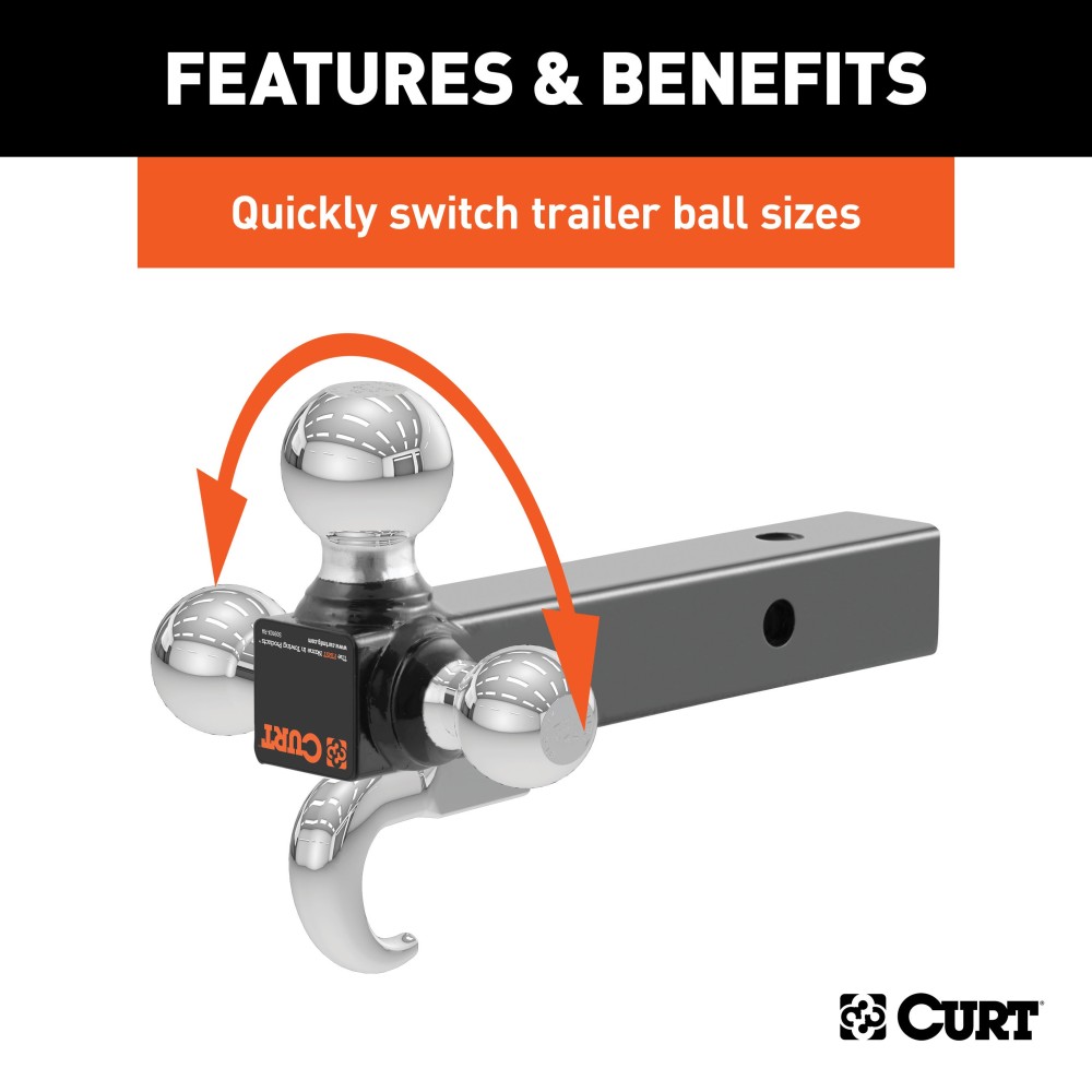 CURT Multi-Ball Mount with Tow Hook for Varied Trailer Sizes CURT multi-ball mount with three balls and tow hook for versatile towing