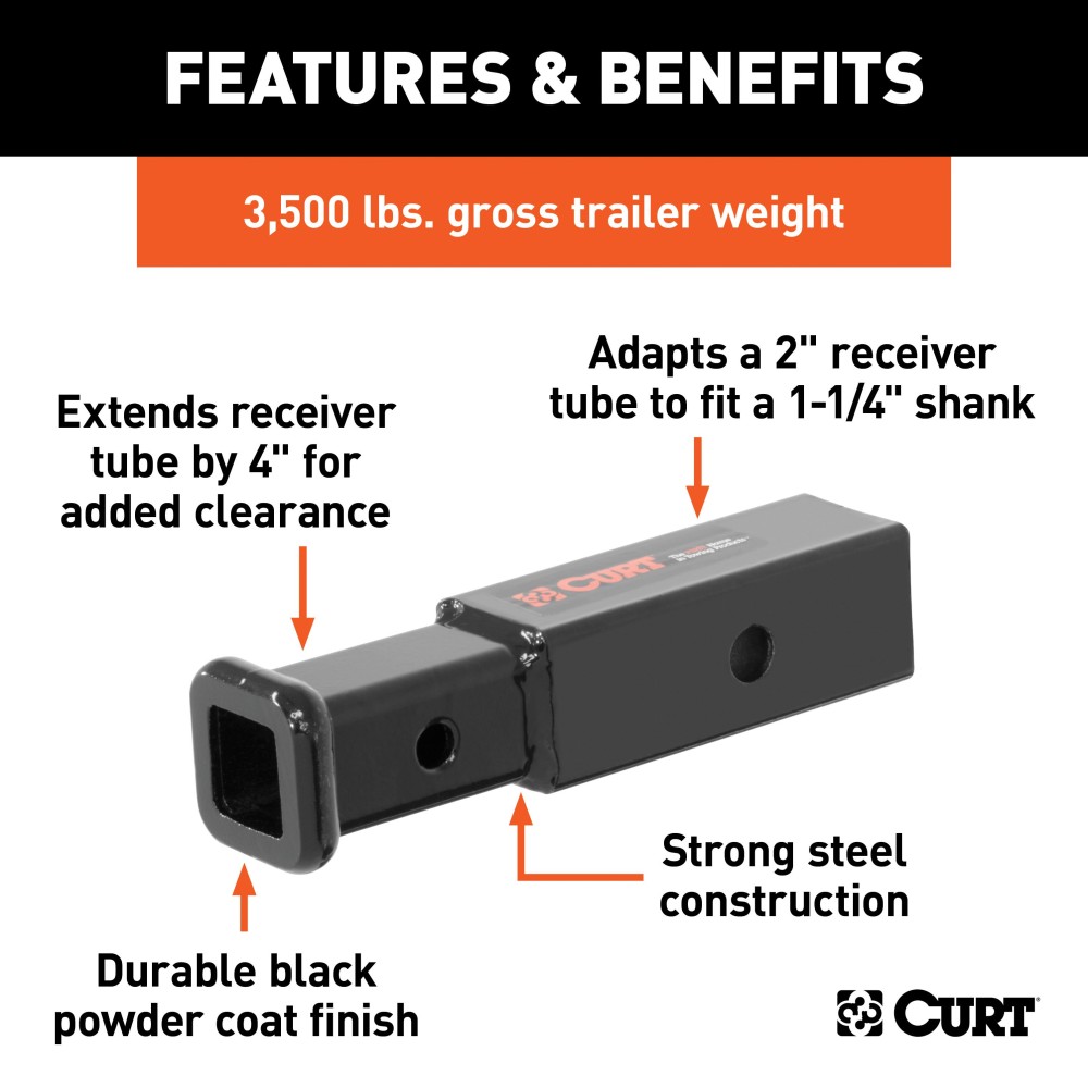 CURT Hitch Adapter - 2 Inch to 1-1/4 Inch with 4 Inch Extension CURT receiver adapter extends 4 inches, converts 2 inch to 1-1/4 inch receiver, black finish