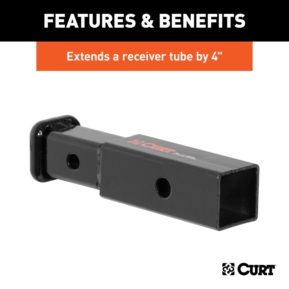CURT Hitch Adapter - 2 Inch to 1-1/4 Inch with 4 Inch Extension CURT receiver adapter extends 4 inches, converts 2 inch to 1-1/4 inch receiver, black finish