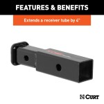 CURT Hitch Adapter - 2 Inch to 1-1/4 Inch with 4 Inch Extension CURT receiver adapter extends 4 inches, converts 2 inch to 1-1/4 inch receiver, black finish