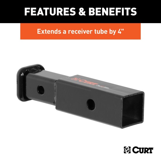 CURT Hitch Adapter - 2 Inch to 1-1/4 Inch with 4 Inch Extension CURT receiver adapter extends 4 inches, converts 2 inch to 1-1/4 inch receiver, black finish