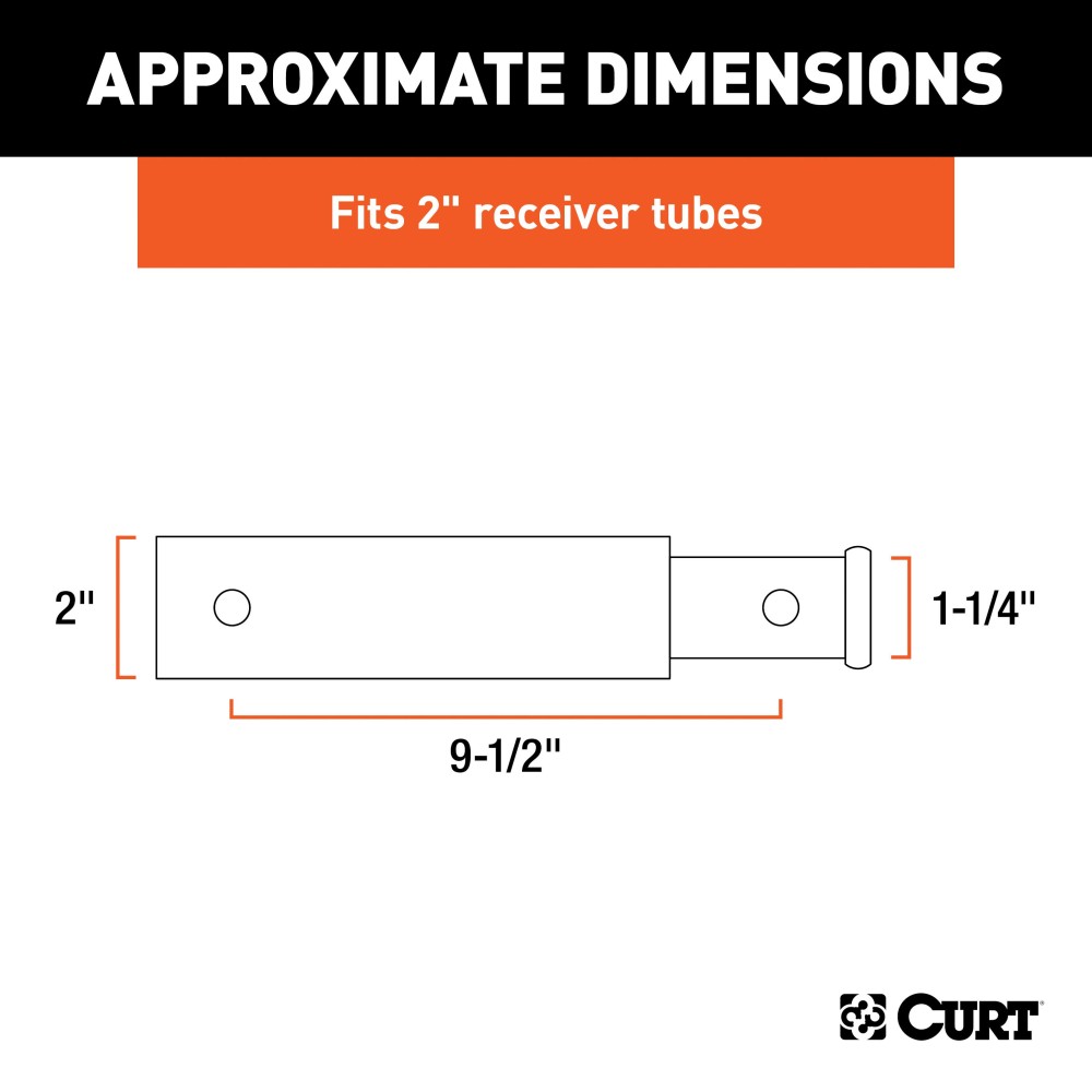 CURT Hitch Adapter - Converts 2" to 1-1/4" Receiver - 9.5" Extension CURT hitch adapter extends 9-1/2", 2" to 1-1/4" conversion, black powder coat.