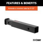 CURT Hitch Adapter - Converts 2" to 1-1/4" Receiver - 9.5" Extension CURT hitch adapter extends 9-1/2", 2" to 1-1/4" conversion, black powder coat.