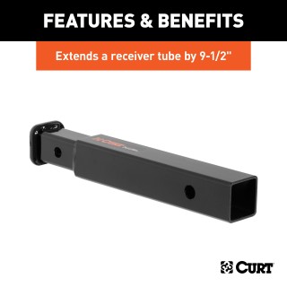 CURT Hitch Adapter - Converts 2" to 1-1/4" Receiver - 9.5" Extension CURT hitch adapter extends 9-1/2", 2" to 1-1/4" conversion, black powder coat.