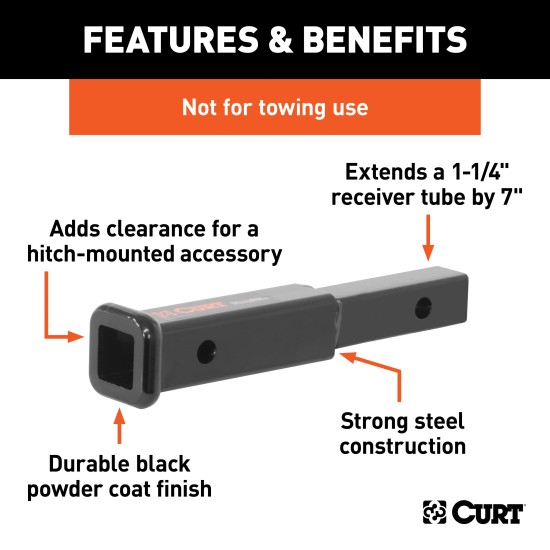 CURT Hitch Extender for 1-1/4 Inch Receiver - 7 Inch Extension CURT hitch extender providing 7 inch extension for 1-1/4 inch receiver tube