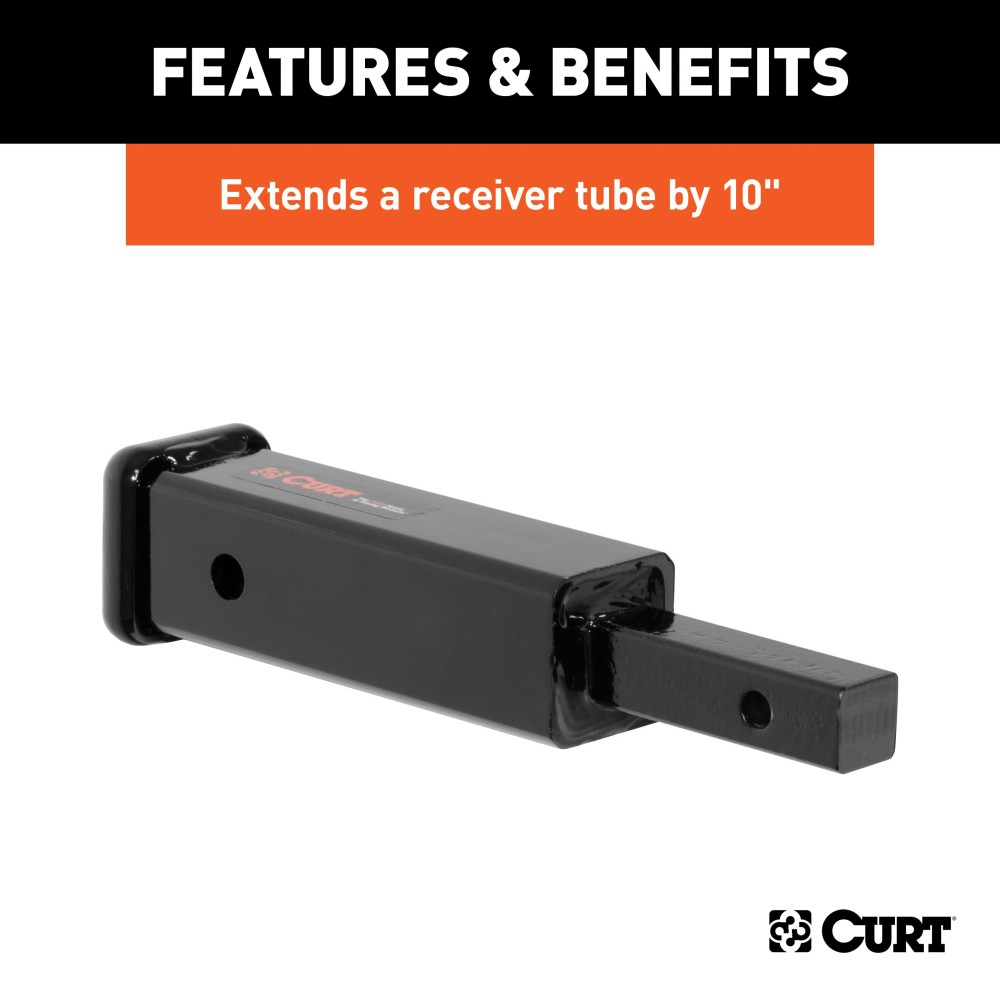 CURT Hitch Adapter - Converts 1-1/4" to 2" with 10" Extension CURT hitch adapter extending a 1-1/4" receiver tube to a 2" shank
