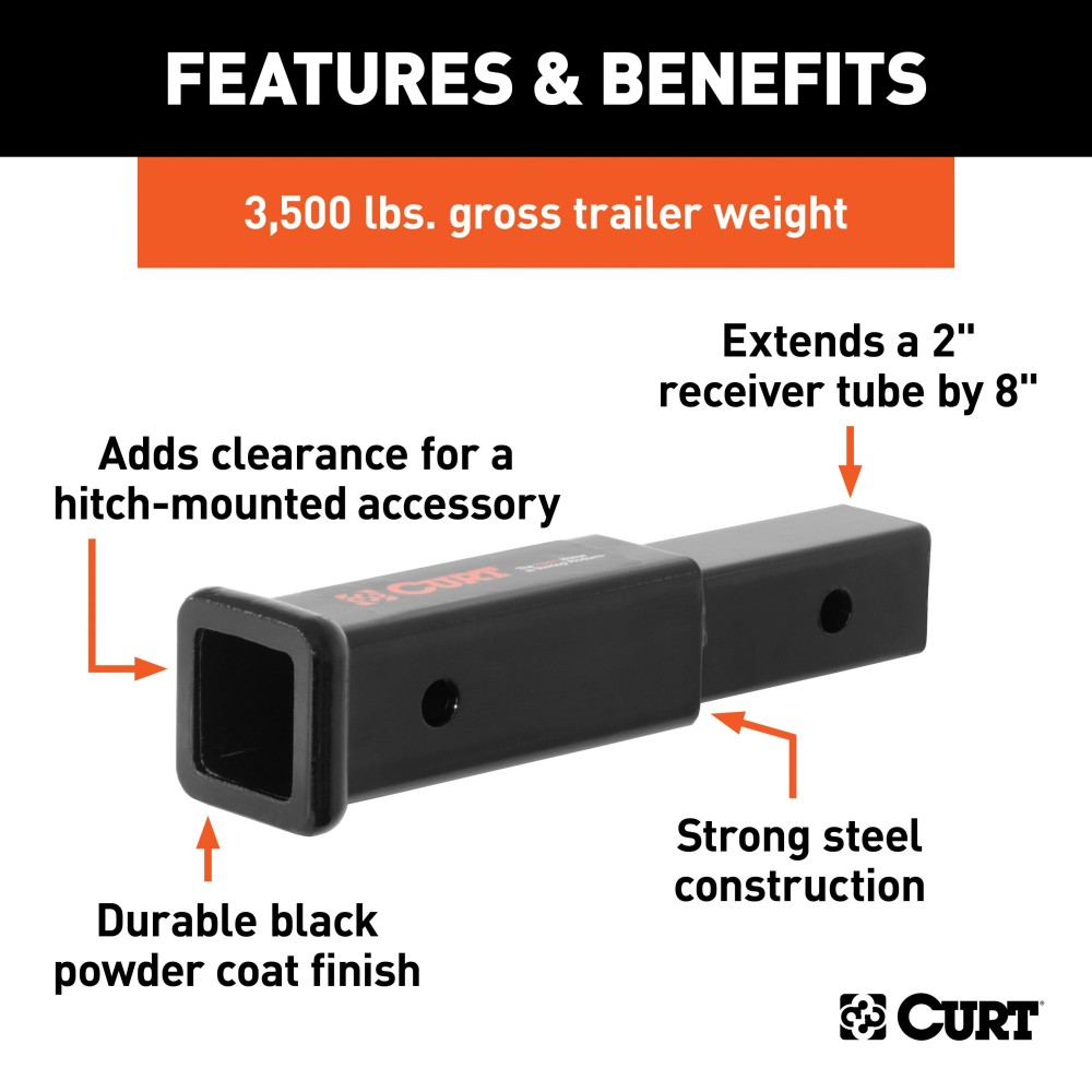 CURT Hitch Extender for 2 Inch Receiver with 8 Inch Extension CURT hitch extender providing 8 inches of clearance for 2 inch receiver towing