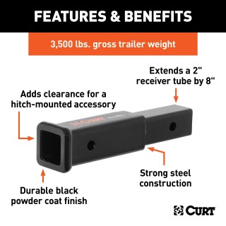 CURT Hitch Extender for 2 Inch Receiver with 8 Inch Extension CURT hitch extender providing 8 inches of clearance for 2 inch receiver towing