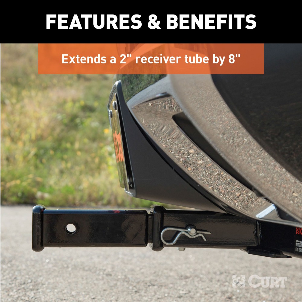 CURT Hitch Extender for 2 Inch Receiver with 8 Inch Extension CURT hitch extender providing 8 inches of clearance for 2 inch receiver towing