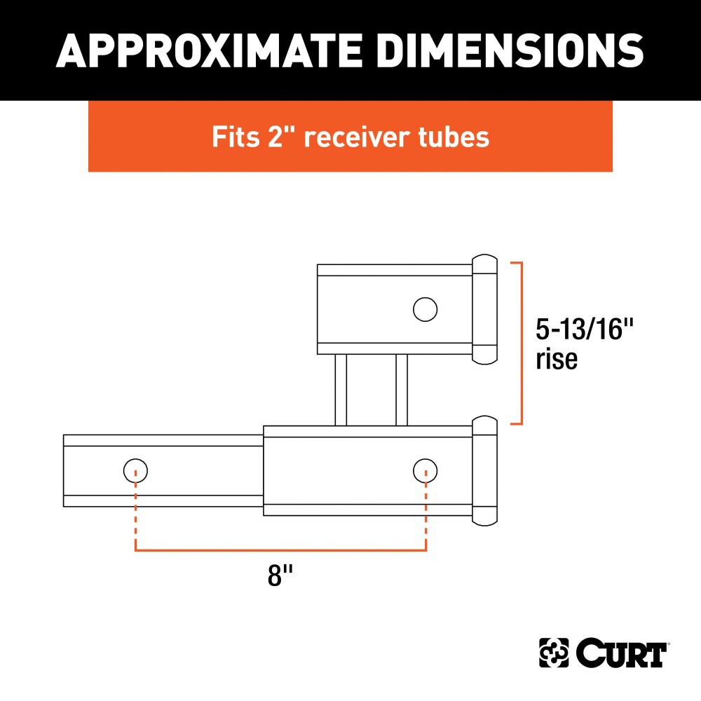 CURT Dual Hitch Extender for 2 Inch Receiver, 8 Inch Extension CURT dual hitch extender adds clearance and allows simultaneous towing and accessory mounting in a 2 inch receiver.