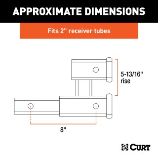 CURT Dual Hitch Extender for 2 Inch Receiver, 8 Inch Extension CURT dual hitch extender adds clearance and allows simultaneous towing and accessory mounting in a 2 inch receiver.