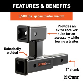 CURT Dual Hitch Extender for 2 Inch Receiver, 8 Inch Extension CURT dual hitch extender adds clearance and allows simultaneous towing and accessory mounting in a 2 inch receiver.