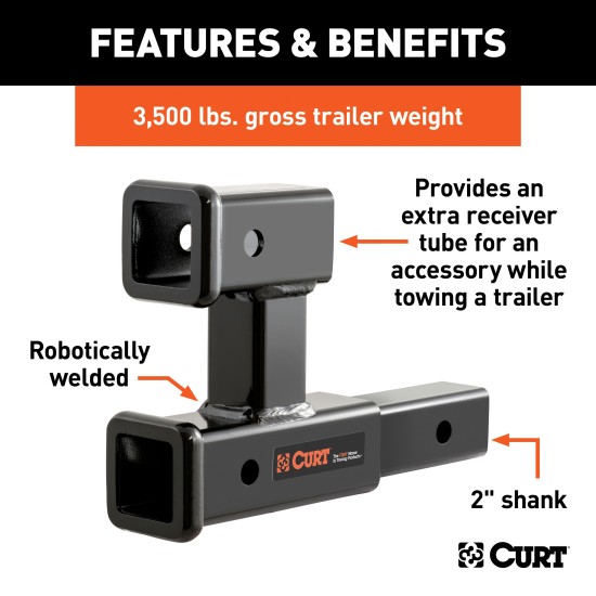 CURT Dual Hitch Extender for 2 Inch Receiver, 8 Inch Extension CURT dual hitch extender adds clearance and allows simultaneous towing and accessory mounting in a 2 inch receiver.