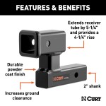 CURT Durable Raised Hitch Extender for 2 Inch Receiver CURT hitch extender adding ground clearance to a 2 inch receiver tube for bike racks and cargo carriers