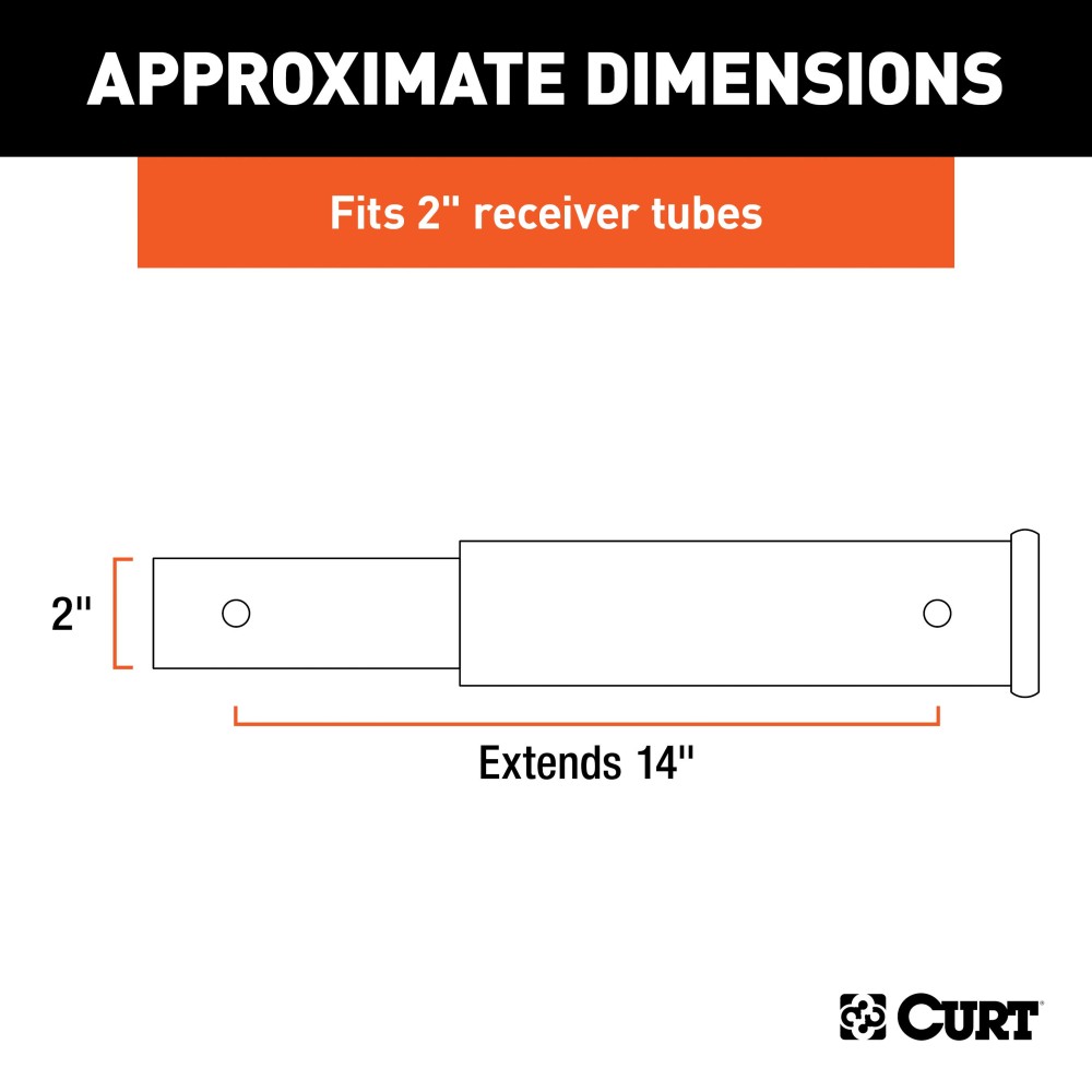 CURT Durable 14-Inch Hitch Extender for 2-Inch Receiver CURT hitch extender fits 2-inch receiver, extends 14 inches with 3,500 lbs capacity