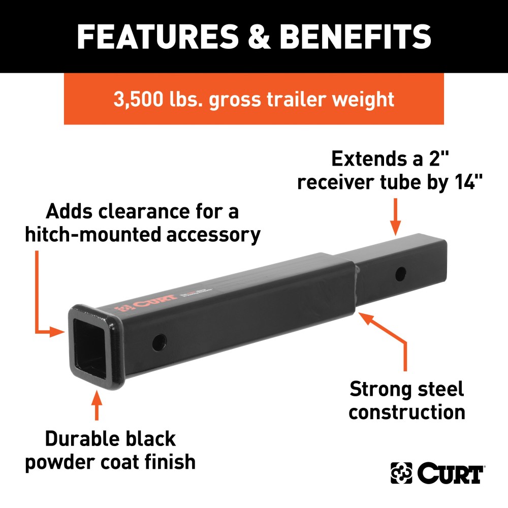 CURT Durable 14-Inch Hitch Extender for 2-Inch Receiver CURT hitch extender fits 2-inch receiver, extends 14 inches with 3,500 lbs capacity