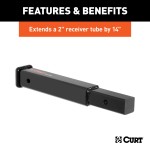 CURT Durable 14-Inch Hitch Extender for 2-Inch Receiver CURT hitch extender fits 2-inch receiver, extends 14 inches with 3,500 lbs capacity