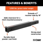 CURT 18 Inch Hitch Extender for 2 Inch Receiver Tube CURT hitch extender with gloss black finish for 2 inch receiver offering 18 inch extension