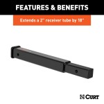 CURT 18 Inch Hitch Extender for 2 Inch Receiver Tube CURT hitch extender with gloss black finish for 2 inch receiver offering 18 inch extension