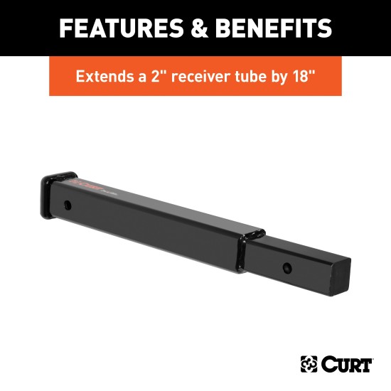 CURT 18 Inch Hitch Extender for 2 Inch Receiver Tube CURT hitch extender with gloss black finish for 2 inch receiver offering 18 inch extension