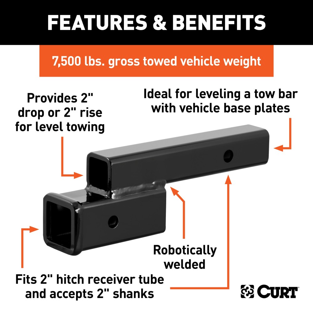 CURT Hitch Adapter Extender with 2-Inch Drop or Rise CURT hitch adapter with 2-inch rise or drop for 2-inch receiver