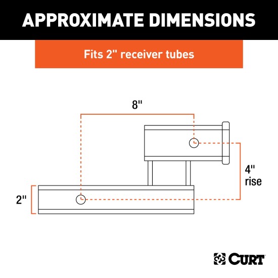 CURT Hitch Adapter for 2-inch Receivers with 4-inch Drop/Rise CURT hitch adapter for towing with 4-inch rise or drop, fits 2-inch receiver, black finish.
