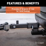 CURT hitch adapter for towing with 4-inch rise or drop, fits 2-inch receiver, black finish.