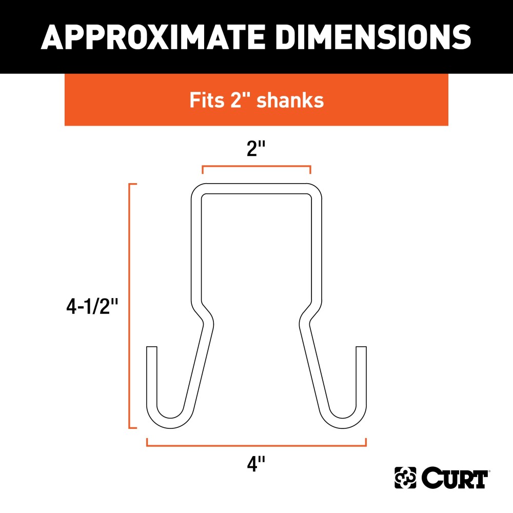 CURT Trailer Safety Chain Hanger Bracket on 2-Inch Hitch CURT safety chain hanger bracket clipped onto a 2-inch hitch shank, keeping trailer chains off the ground with durable steel construction.