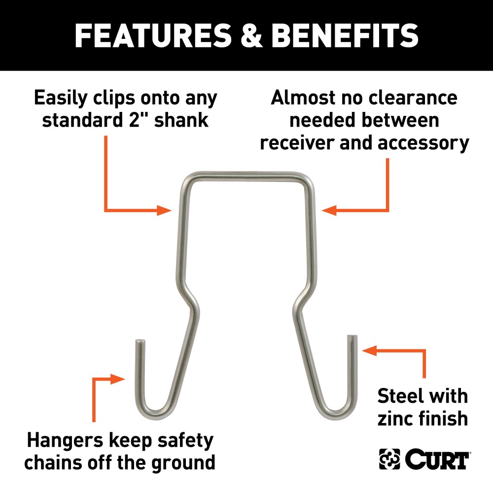 CURT Trailer Safety Chain Hanger Bracket on 2-Inch Hitch CURT safety chain hanger bracket clipped onto a 2-inch hitch shank, keeping trailer chains off the ground with durable steel construction.